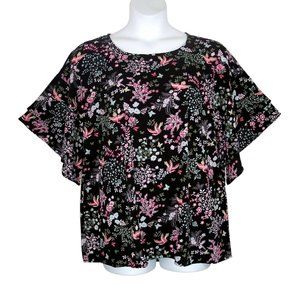 NEW Bobeau 3X Black Floral Double Ruffle Layer Sleeves Plus Size Top
